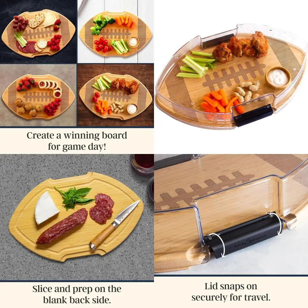 

Reversible Football-Themed Charcuterie Board with Lid, Serving Tray, and Juice Groove, 16.8 x 10.6