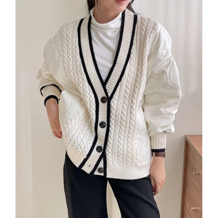 

Women's Cotton Jaet Chic Autumn Winter Design V-ne Retro Loose Twist Knitted Patchwork Top Long Sve Regular Length