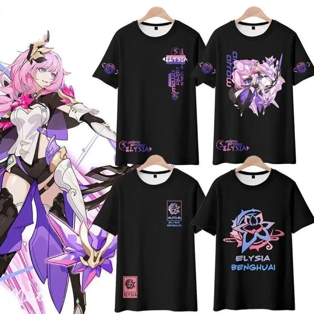 Novo honkai impact 3 elysia 3d impressão camiseta verão moda em torno do pescoço manga curta popular jogo streetwear mais tamanh