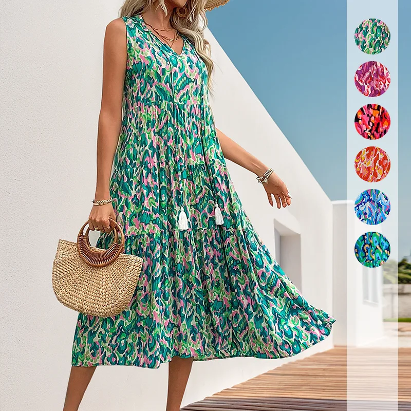 

2025 New Summer Sleeveless V-neck Fringed Print Dress European and American