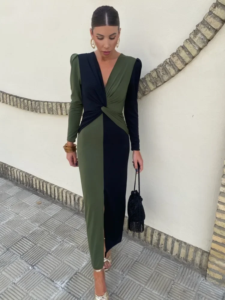 Chaxiaoa Elegant Sleeveless Color Block Long Sleeve Dress Women Sexy V-neck Bodycon Party Evening Dress Winter New Vestidos 2026