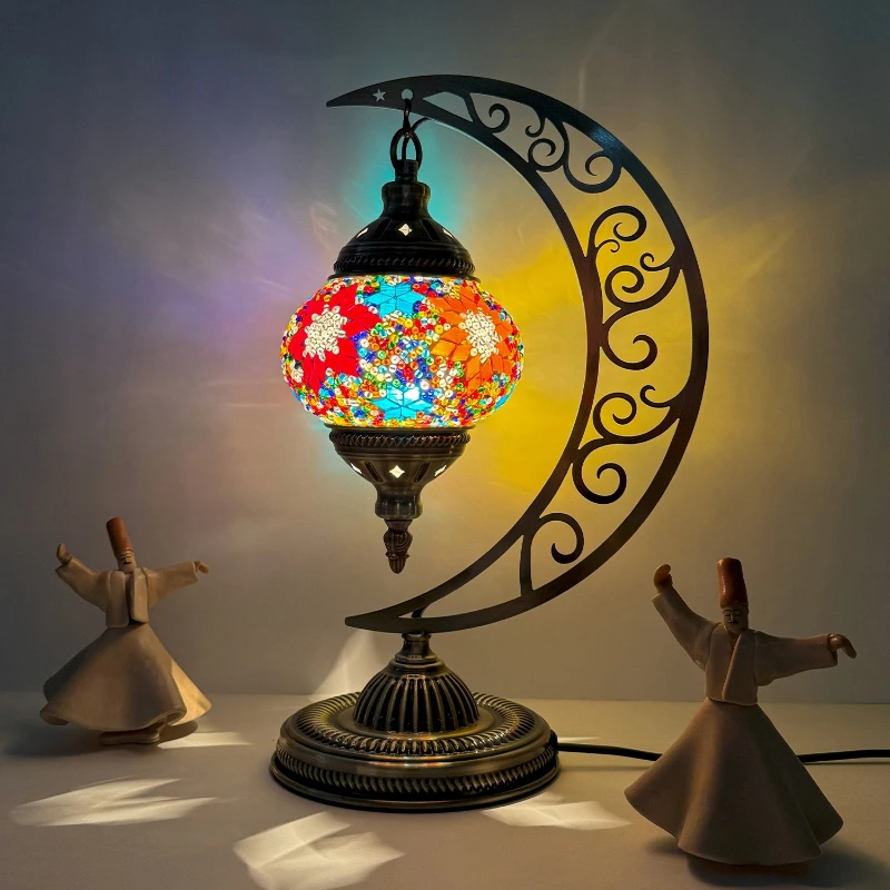 Turkish Ethnic Customs Metal Floor Lamp Vintage Art Mosaic Glass Decor Bedroom Living Room Study Hotel Romantic LED Table Lights