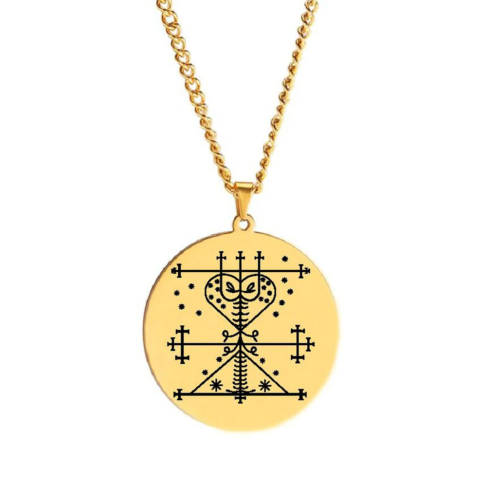 HLSS120-139 Gold Color Voodoo Veve Symbols Sigil Charm Jewelry Vodou Lwa Loa Amulet Talisman Stainless Steel Pendant Necklace