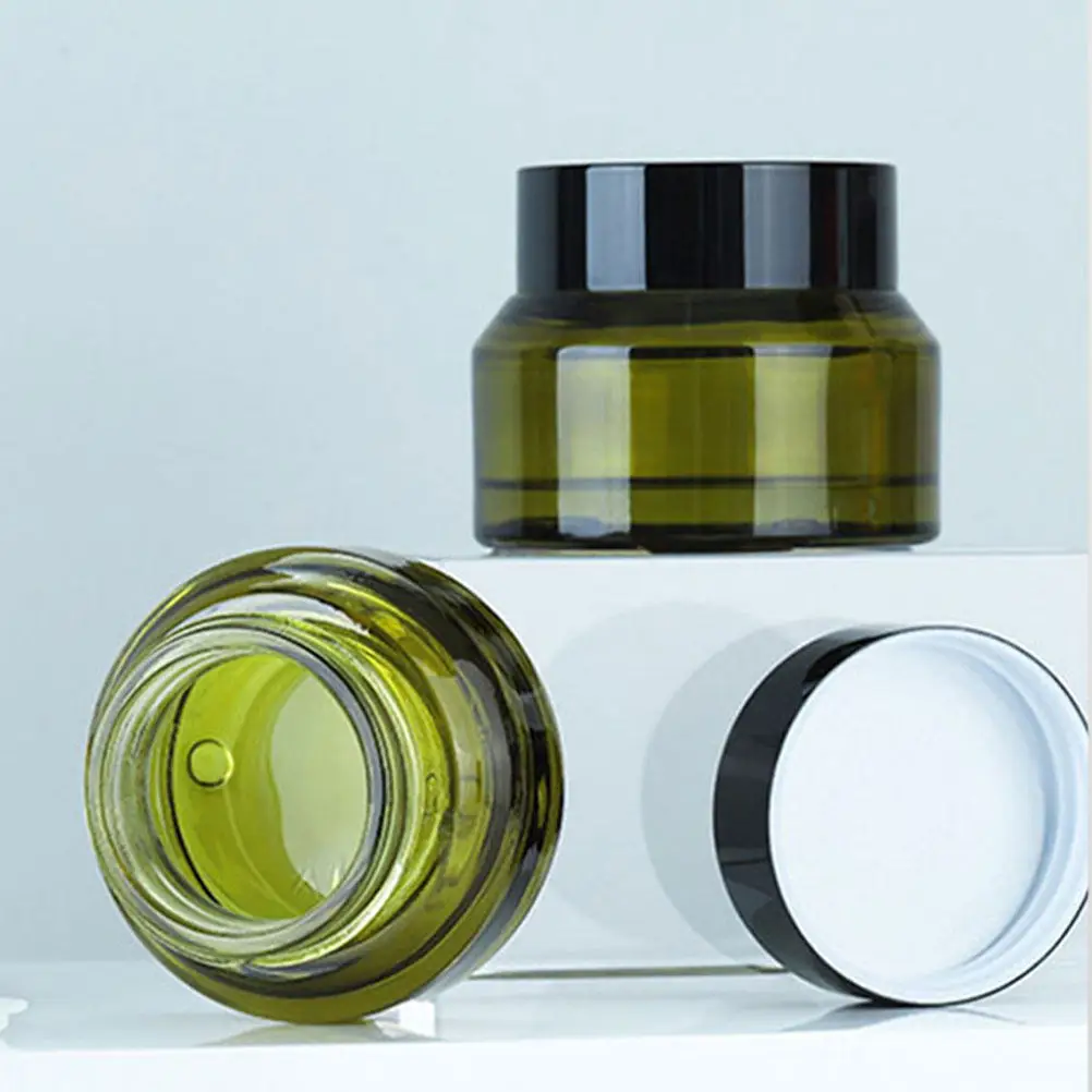 

3Pcs 50G Empty Cream Jar Slant Shoulder Design Wide Mouth Refillable Travel Cream Container Light Blocking Green Color