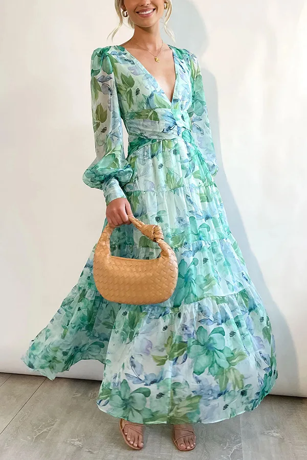 Bohemia Fashion Long Sleeves Deep V-neck Floral Print Chiffon Long Casual Maxi Dress For Women