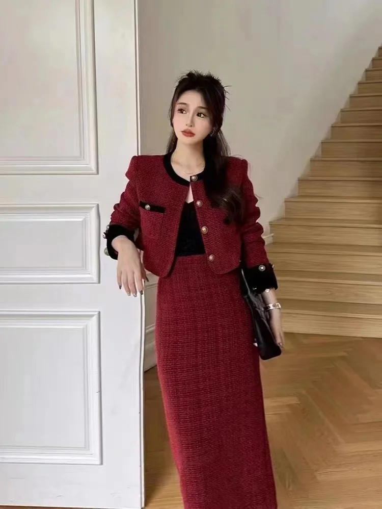 This Year's Popular Red Elegant Set for Women Female Office Lady, 2023 Autumn New Hit Short Jacket High-waist Skirt Two-piece