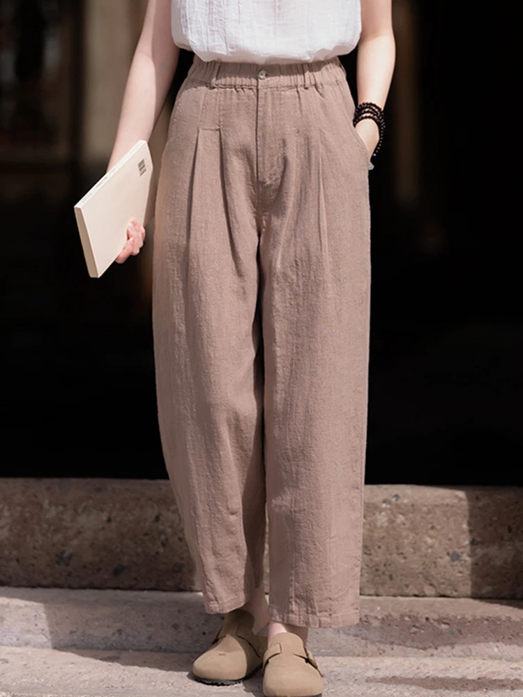 

Cotton Linen Women Wide Leg Pants 2025 Spring/Summer Vintage Style Solid Solor Loose Casual Calf-length Pants Elastic Waist T357