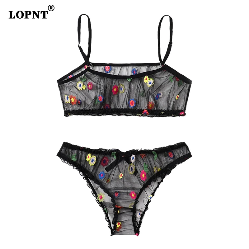 LOPNT Fashion Bra Set Women\'s Sexy Embroidery Lingerie Wire Free Transparent Underwear Embroidered Mesh Sheer Lingerie Set Bh