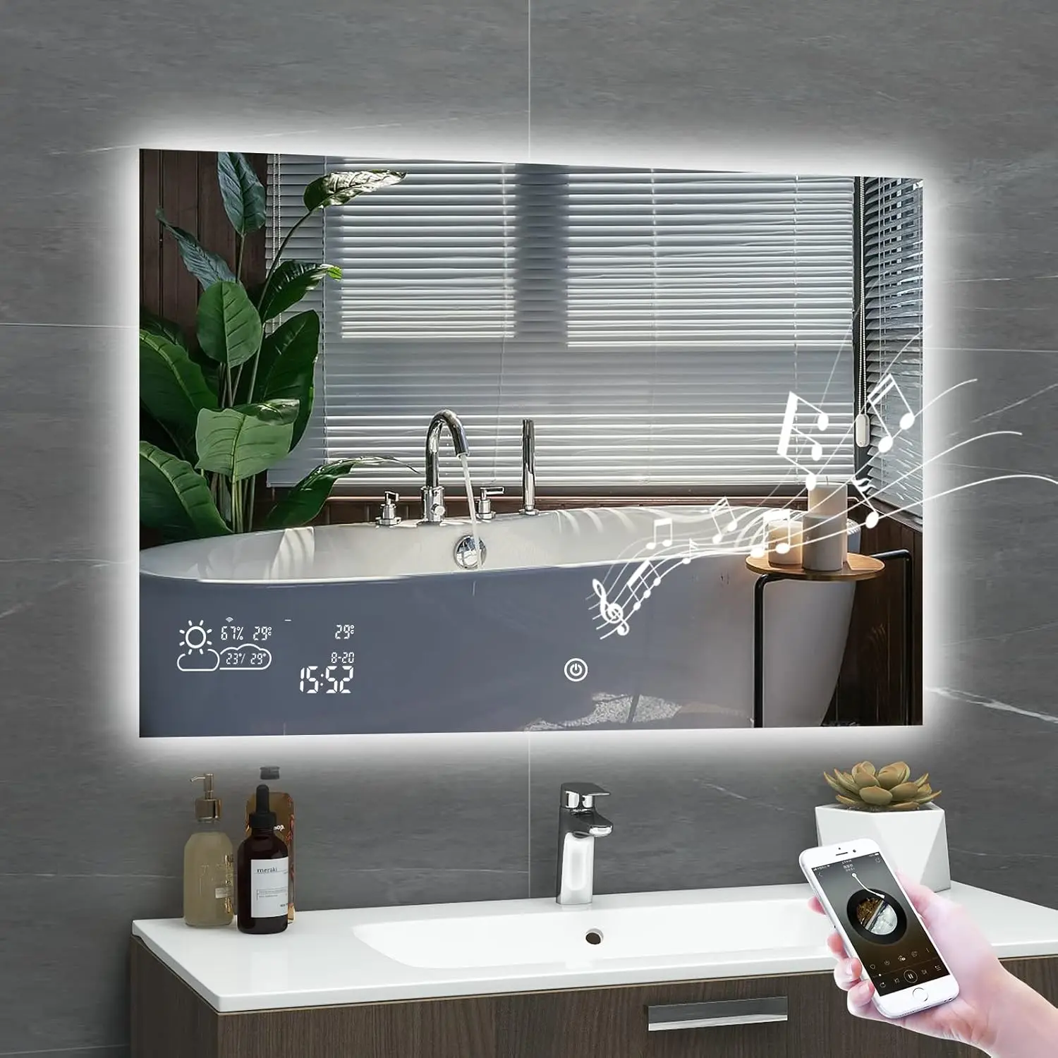 Smart Bathroom Mirror with Bluetooth Wi-Fi Enabled Weather Display, 32”X 24” Fog Free, LED Light Vanity Mirror Backlit Frameless