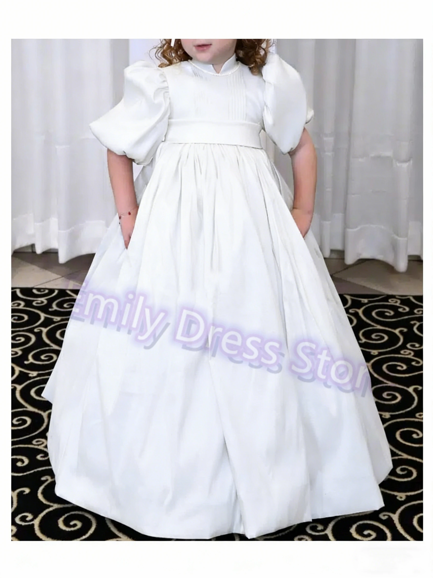 Customized Blue Flower Girl Dress For Wedding Pleated High Waist Half Sleeves Puffy Kids Birthday Party First Communion Gown