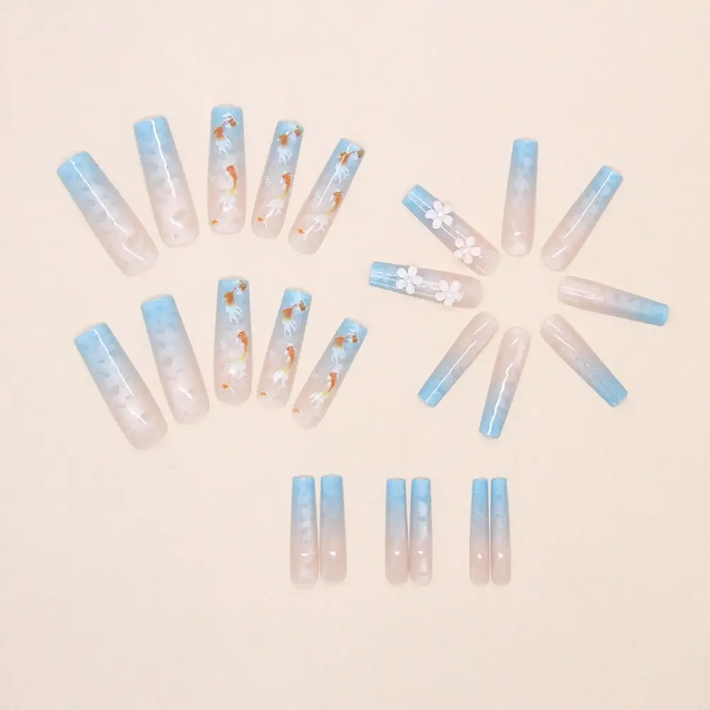 24枚入り ロングバレリーナ つけ爪 メタリックシルバー キャッツアイ ライブリー鯉 ピーチフラワー ネイルチップ シーブルー グラデーション フルカバー