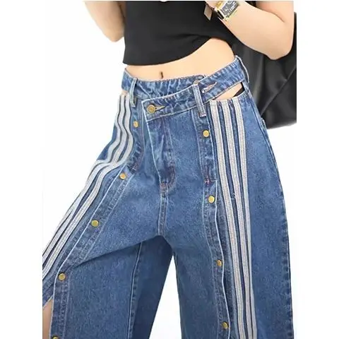 

Striped Breasted Jeans American Spring And Summer Newest Unique Design Popular Loose Wide-Legging Trendy