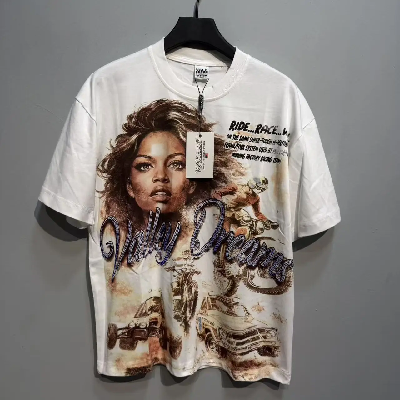 Vale Valley American Retro Print Rhinestone Letter Cotton Short Sleeve T-Shirt Loose Fit Youthful Style Streetwear Citywalk