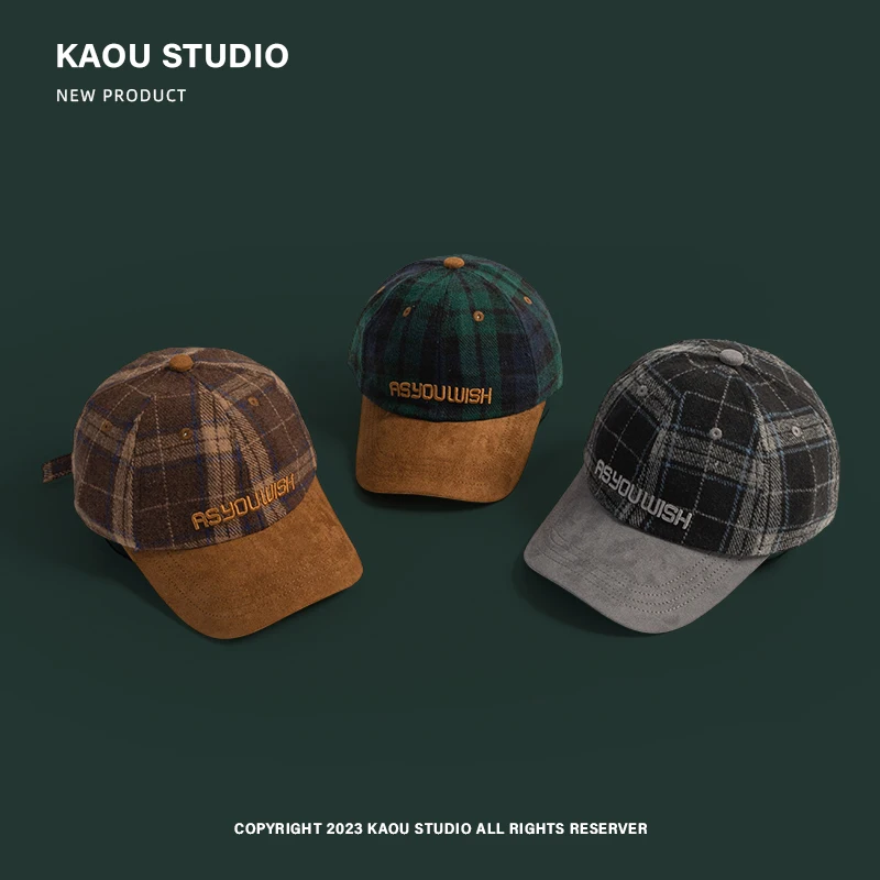 British Retro Plaid Duckbill Hats for Women Autumn and Winter Warm Korean Fashion Embroidery Color Matching Baseball Caps Men