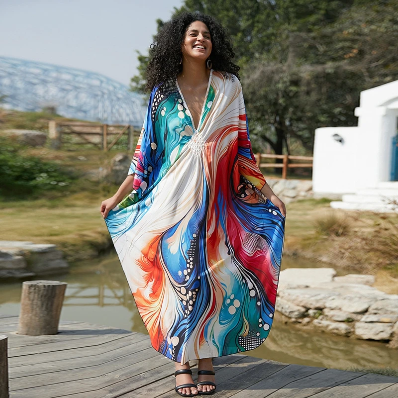 Caftan à manches longues avec col en V pour femme, robe maxi chic, caftan coloré, papillon, mode tropicale, rêve, vif, Boho, couvertures adt