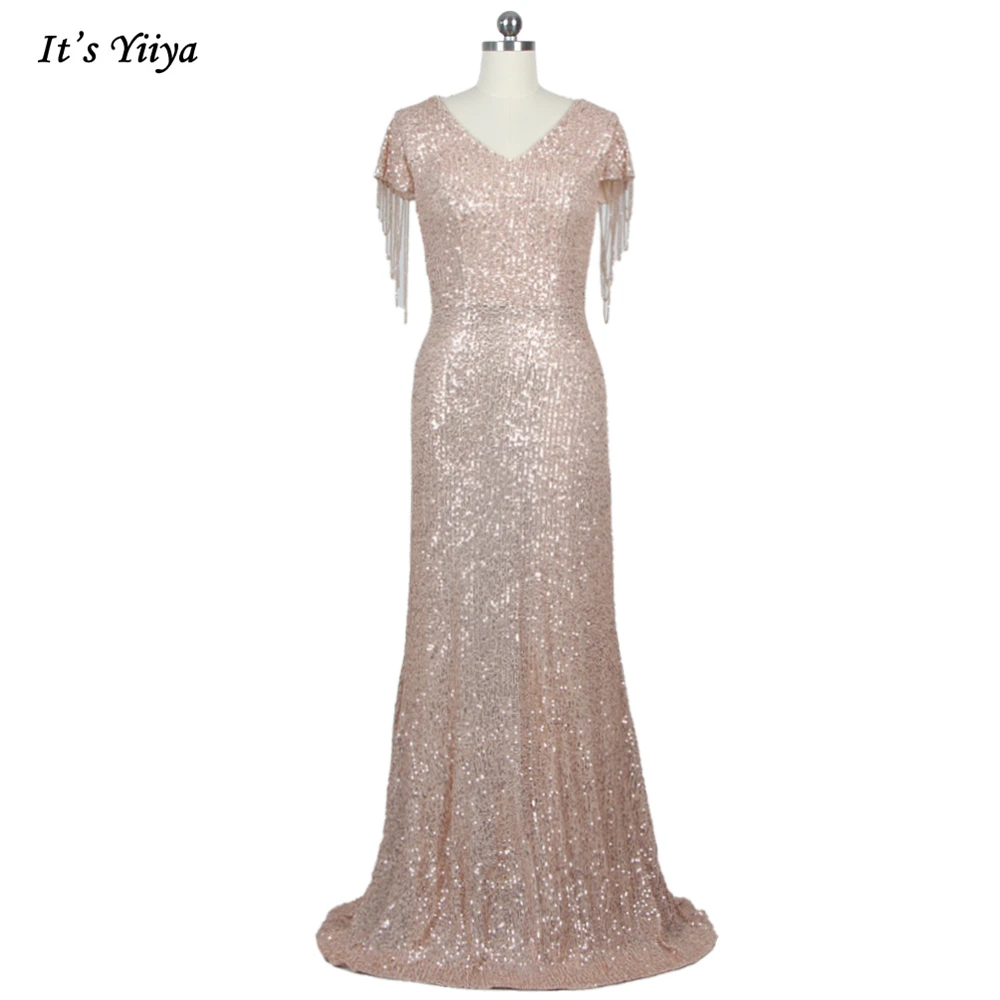 

It's YiiYa Evening Dresses Sequins Golden Beading V-neck Mermaid Trumpet Floor Length Plus size Party Dress Robe De Soiree K054