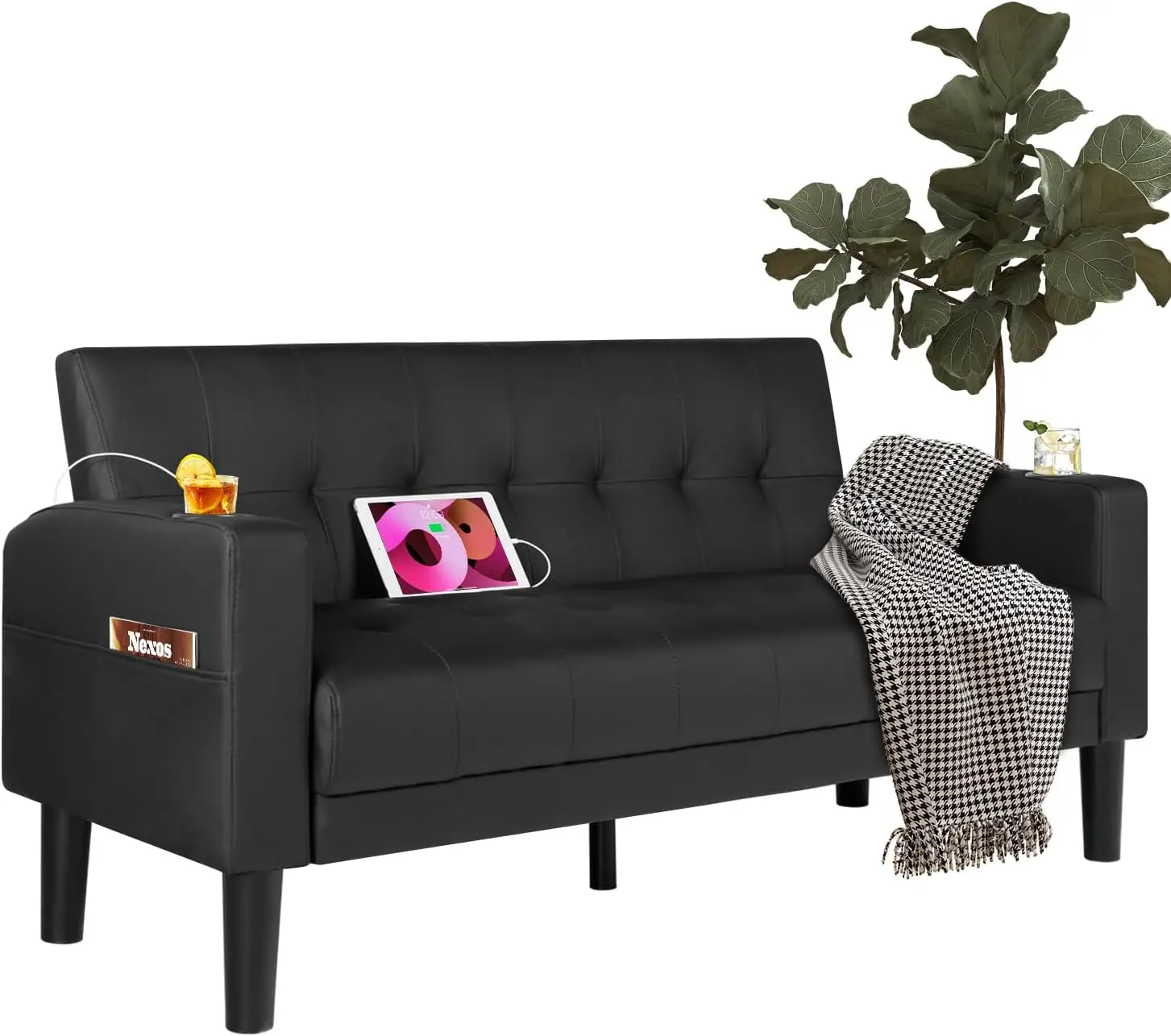 

62" Loveseat Couches Upholstered Leather Love Seat Sofas Couch with 2 USB Cup Holders Side Pocket Mid-Century Modern Tufted Sofa