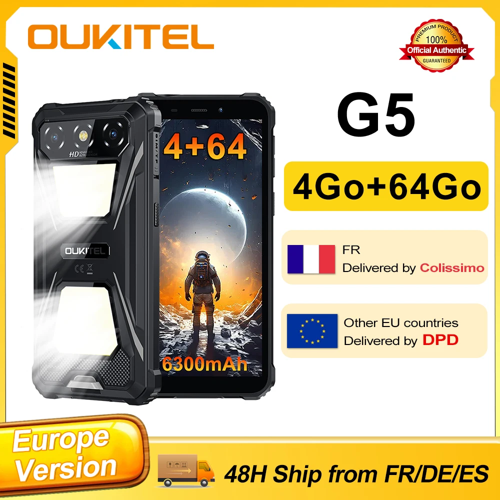 Oukitel G5 Smartphone robuste Lampes de camping doubles 4G 16 Go (4+12) 64 Go 6300 mAh 13 MP 6,0 pouces HD