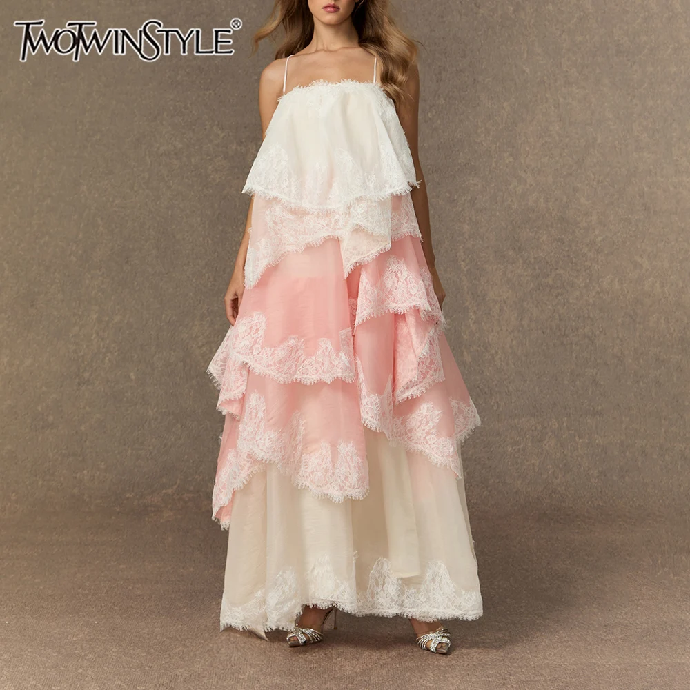 Vestido Solto com Rendas em Camadas TWOTWINSTYLE para Mulheres, Decote Quadrado, Sem Mangas, Vestidos Elegantes em Patchwork