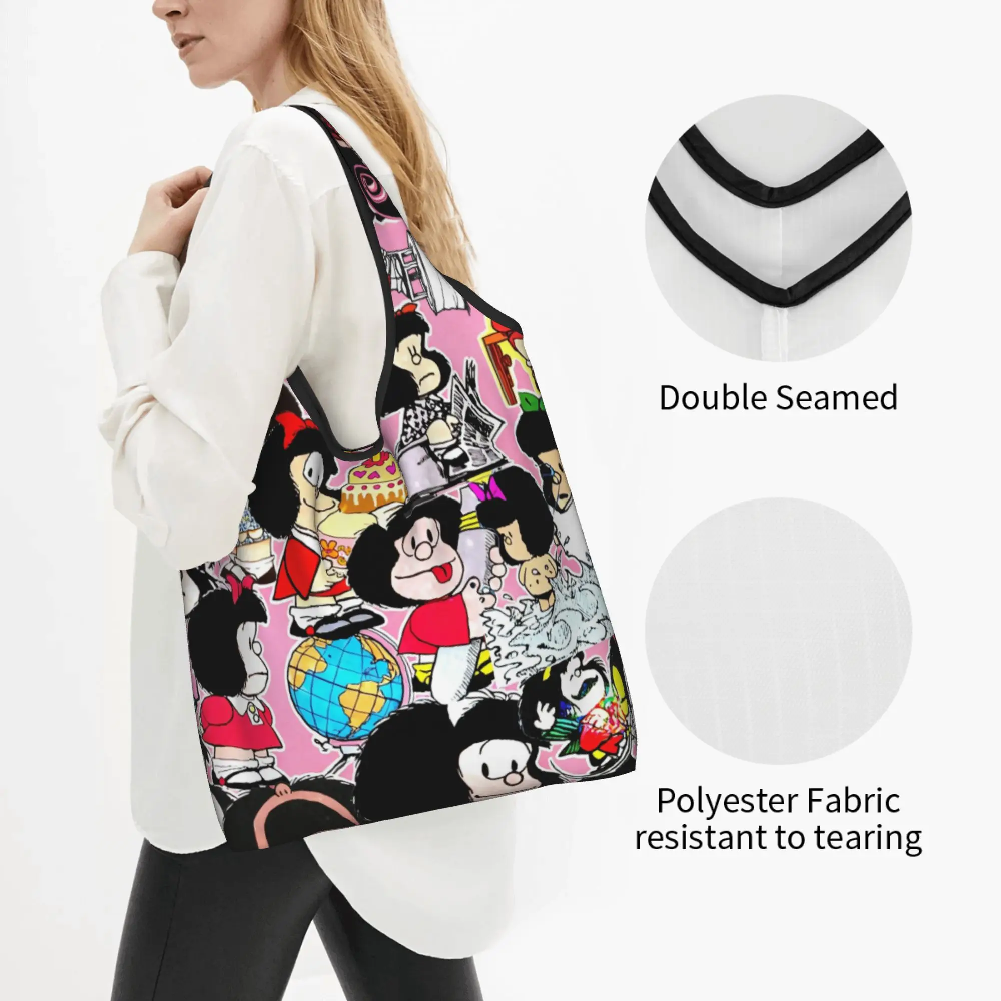 M-Mafaldas Manga Comics Grocery Shopping Tote Bags Women Kawaii Japan Shoulder Shopper Bags Big Capacity Handbags