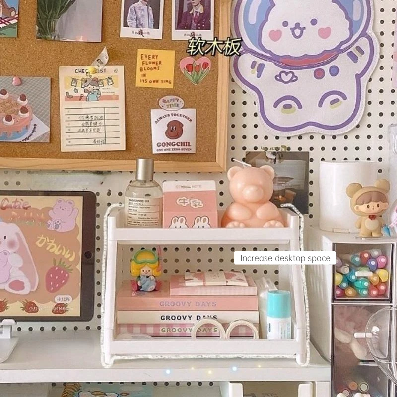 Kawaii Double Layers Desktop Storage Shelves Stationery Organizers Rack Large-capacity File Storage Tray Office Desk Accessories