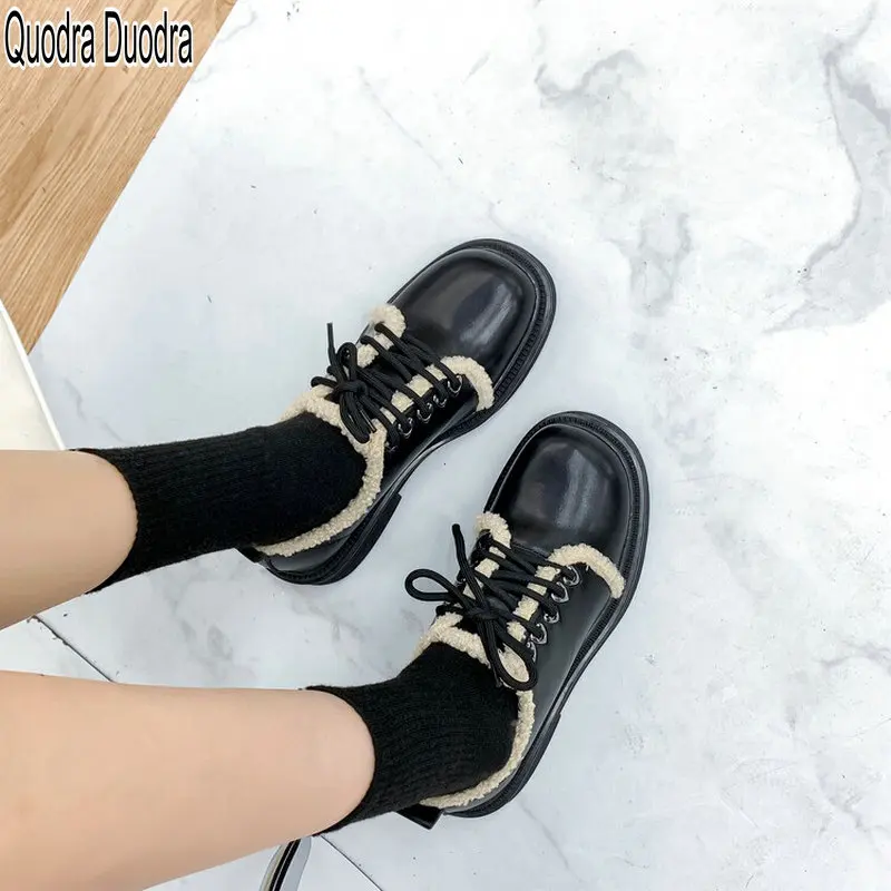 New Women Shoes Pumps Winter Fashion Thick High Heels Lace-up Mujer Casual Round Toe Pink Thick Bottom Lambs Wool Girls Big Size