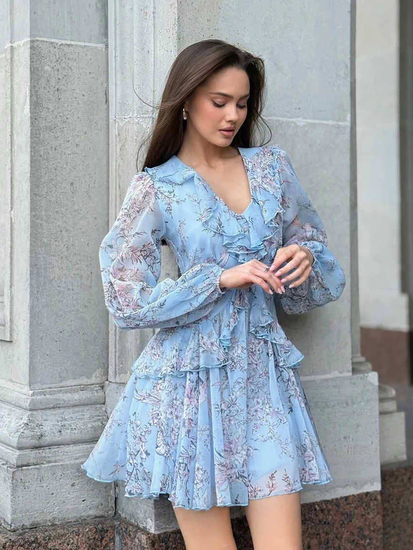 

Marthaqiqi Fashion Ladies Nightgowns Turn-Down Collar Pajamas Long Sleeve Nightwear Printing Mini Dress Female Sleepwear Comfort
