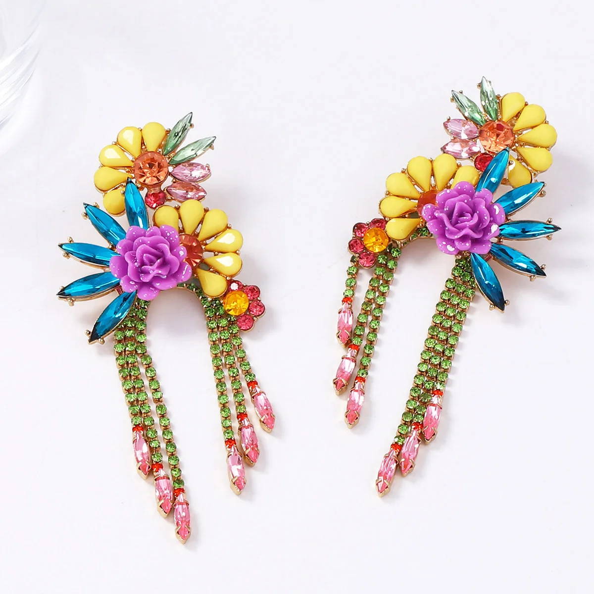 

ZAA 2025 Trend Elegant Long Tassel Dangling Rhinestone Flower Earring Colorful Ethnic Statement Women Jewelry Holiday Party Gift