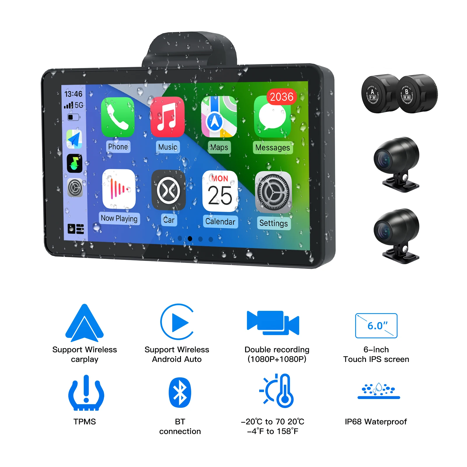 carabc Motorcycle wireless Carplay GPS Navigation Screen with 6 Inch Waterproof IPX7 Dashcam Camera moto Android Auto display