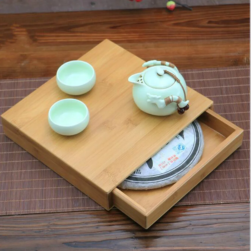 Handmade Quality Pu Er Tea Box Gift Packaging Puer Tea Box Health Care Eco-friendly Tea Set Bamboo Tray Carving Wholesale