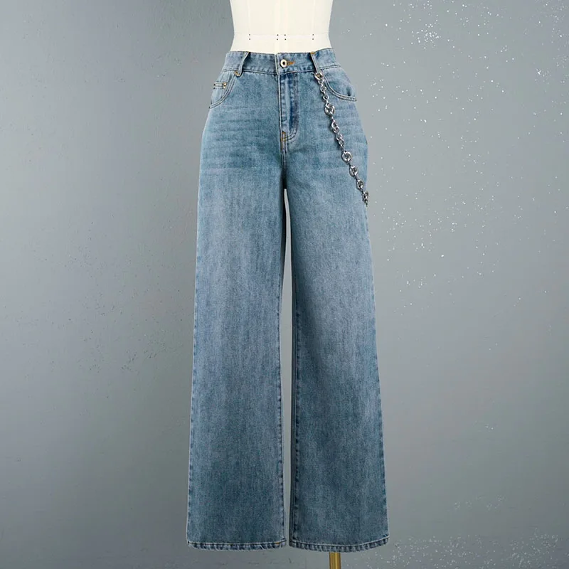 Jeansy2k spring and summer do old washed chain straight trousers women\'s jeans2024 high-waisted trailing trousers Woman trousers