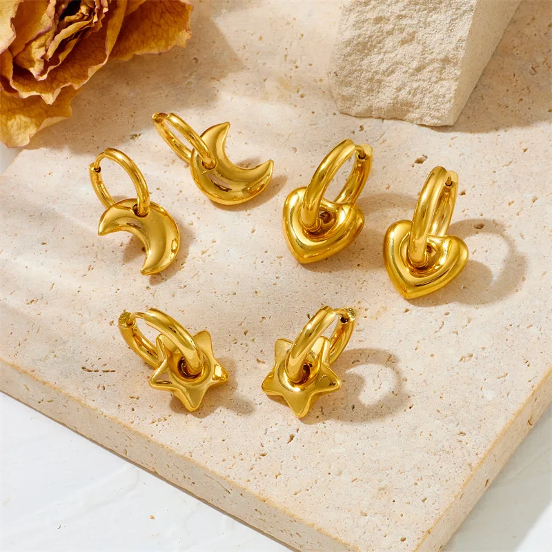 Tarnish Free Chunky Fashion 18k Gold Color Silver Plated Sunflower Star Heart Hoop Stainless Steel Earrings Women