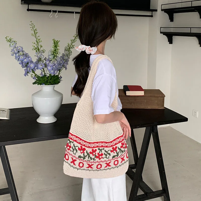 

2023 New Vintage Tote Shoulder Bag National Style Knitted Woven Large Capacity Shopping Bag for Women Handbag Trend All-match