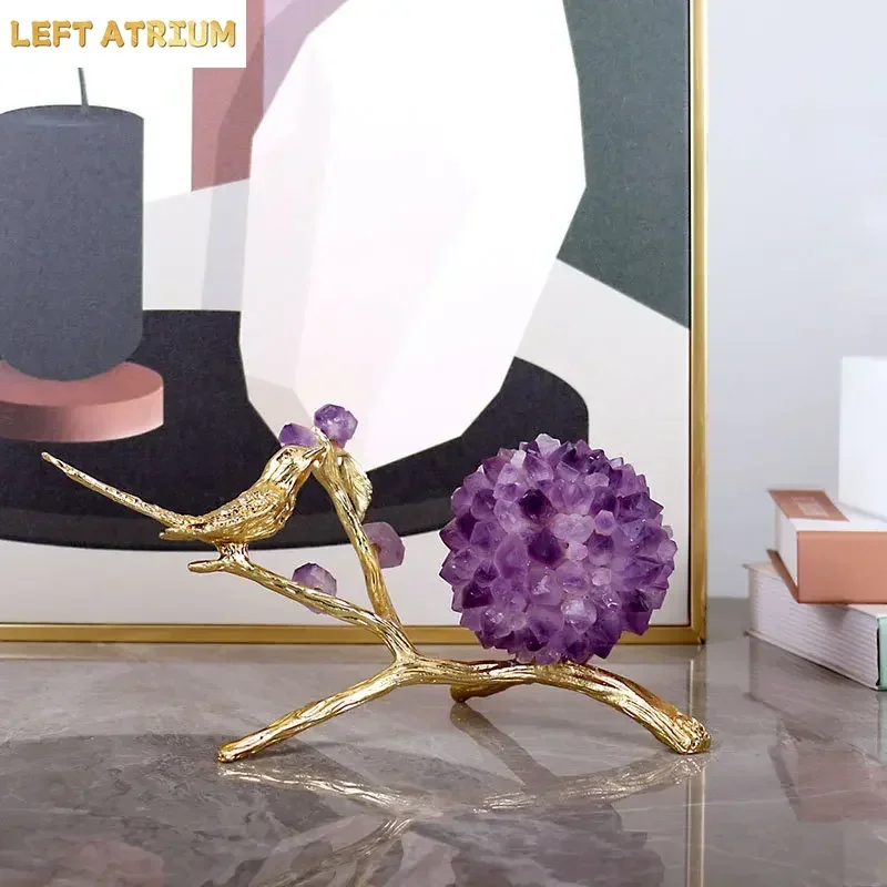 Golden Bird Artwork Amethyst Flower Ball Ornaments Desk Decoration Gold-plated Bird Alloy Sculpture Crafts Room Aesthetics Decor