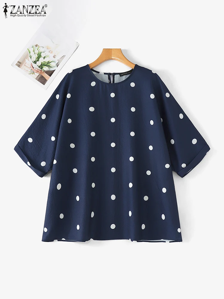 ZANZEA Women Oversiezd Polka Dot Blouse Vintage 3/4 Sleeve Tops Summer Casual Loose Round Neck Tunics 2024 Holiday Female Blusas