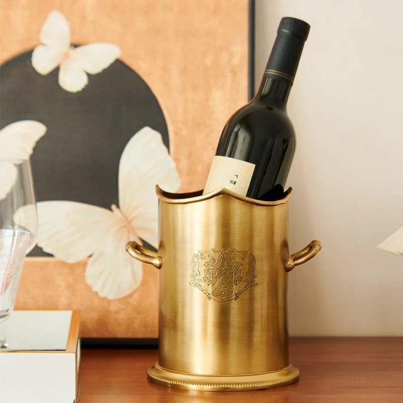 Brass Retro Carved Vase with Dual Handles, Cylindrical Storage Pot, Decor Ornament for Bar & Showroom