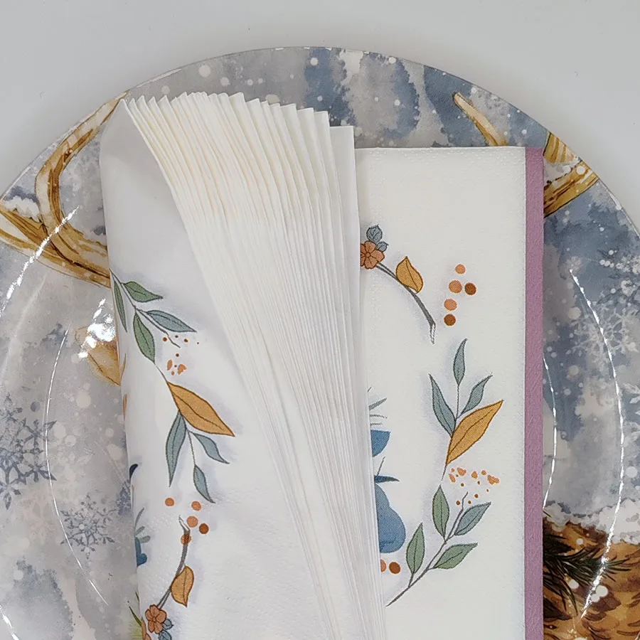 10/20 قطعة مناديل مطبوعة على شكل غزال إكليل الزهور، مناديل ورقية من الدرجة لحفلات موضوع الغابات، عيد الميلاد، عيد الميلاد، زينة الزفاف