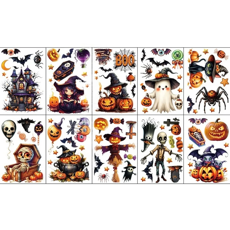 مجموعة ملصقات نافذة الهالوين ثلاثية الأبعاد مكونة من 10 أوراق، ملصقات PVC قابلة لإعادة الاستخدام مع قلعة، خفاش، ساحرة، تصميمات اليقطين، 7.87 × 11.81 بوصة #6