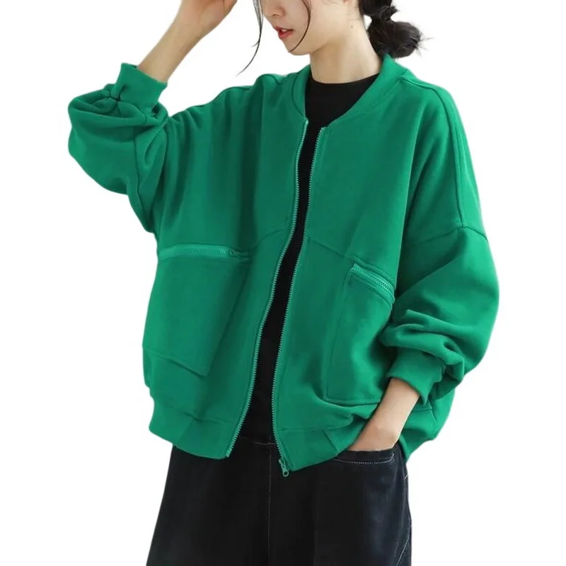 Autumn Winter Jacket Women Zip Pocket Outwear Loose Schoolgirl Jacket