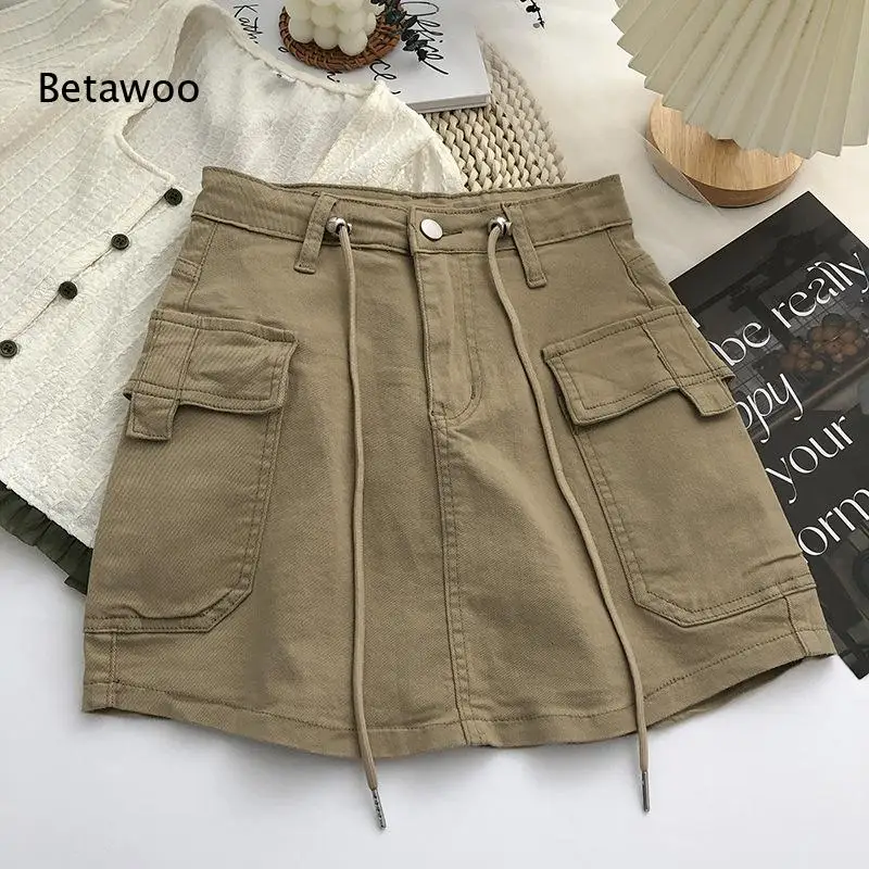 Women High Waist Cargo Mini Skirt Drawstring Waist Multi Pockets Casual A Line Short Skirt