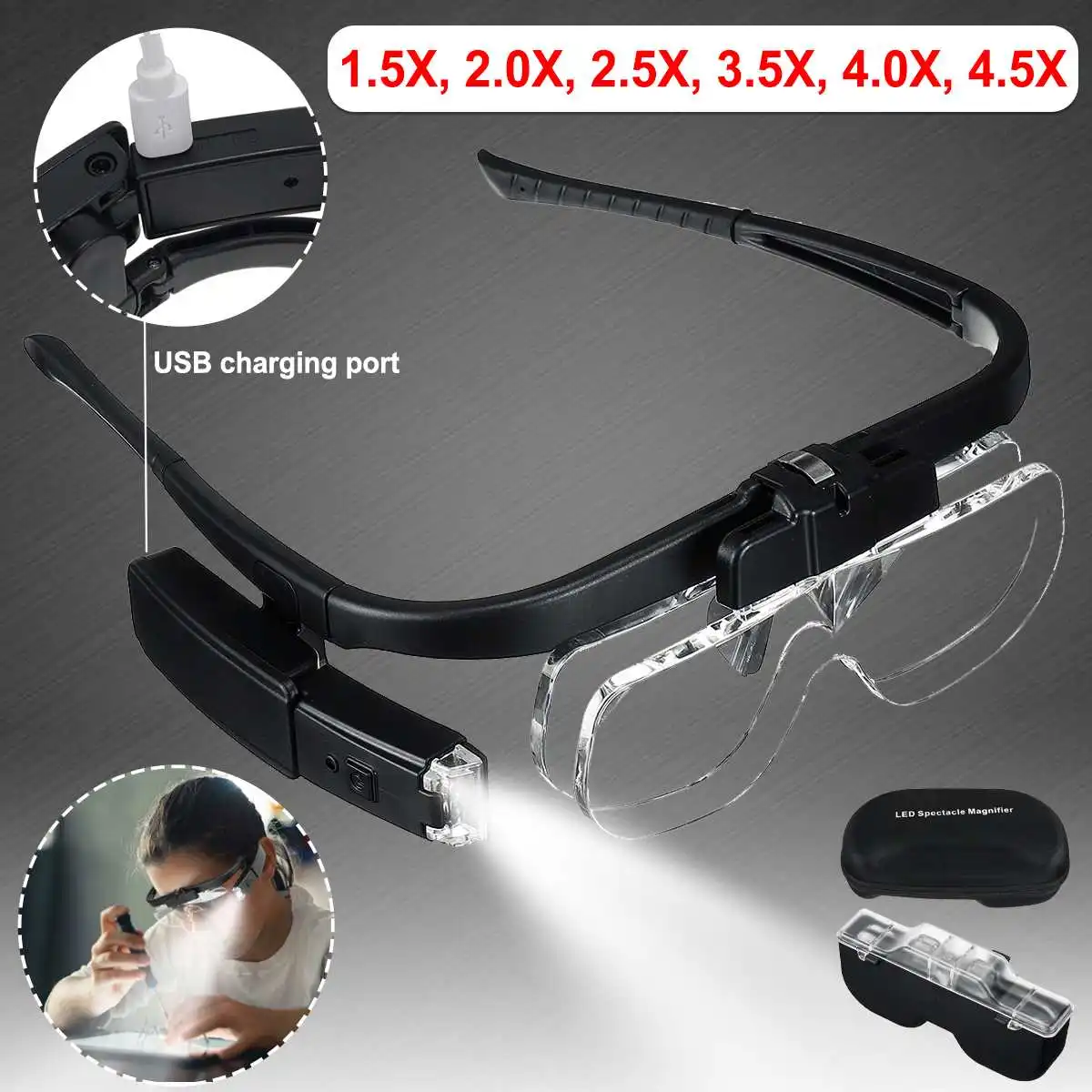 1.5X 2.0X 2.5X 3.5X 4.0X 4.5X Magnifying Glasses Repair Watchmaker Repair Wearing Magnifier USB Rechargeable With LED Light