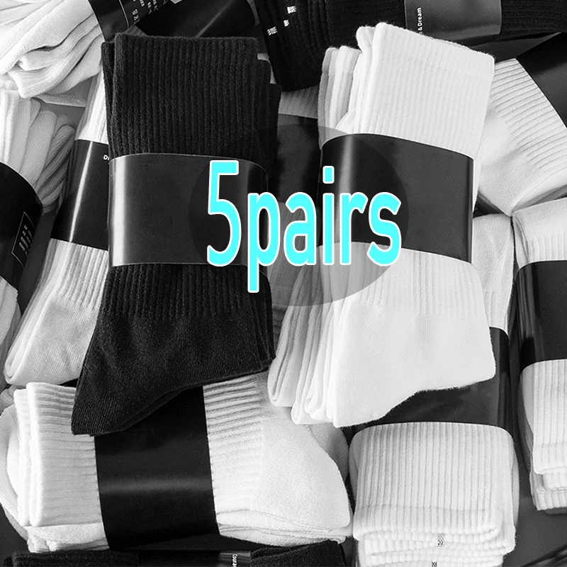 

1/5pairs Classic Black White Men's Cotton Socks Sweat-absorbing Mid Tube Sports Socks Soft Breathable Sock Women Casual Sokken