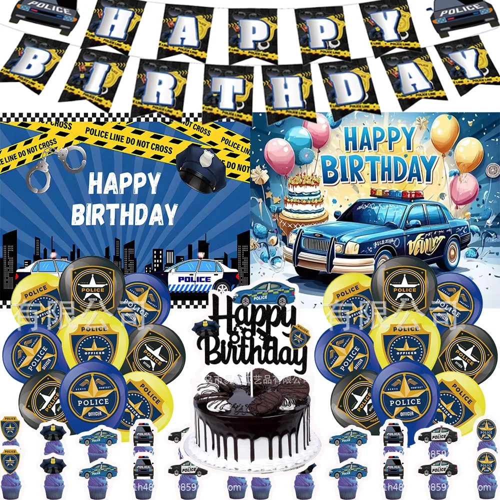 

Police Theme Birthday Party Supplies Policeman Balloon Decor Cupcake Topper Banner Police Blue Car Background For Adult Kid Gift