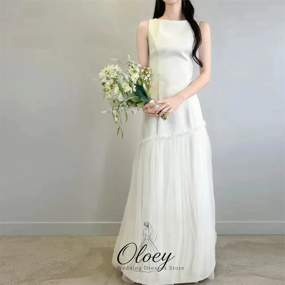 OLOEY Satin Simple Sleeveless Korea Wedding Dress Photo Shoot Tulle A‑Line Boat Neck Bridal Gown Customized Reception Dress
