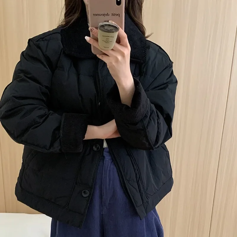 Chic Patchwork Cropped Jacket Autumn Winter Women Cotton-padded Jacket Lightweight Coat Pocket Long Sleeve Warm Design Coats