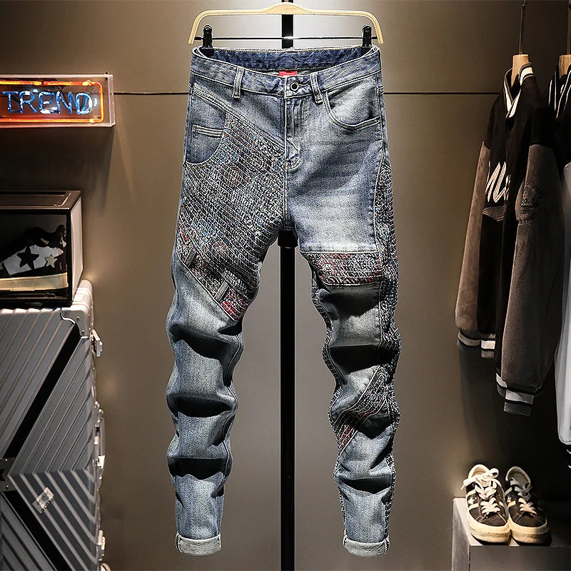 

Splicing heavy craftsmanship embroidered men's jeans 2025 casual fashion retro personality trend street cool pants