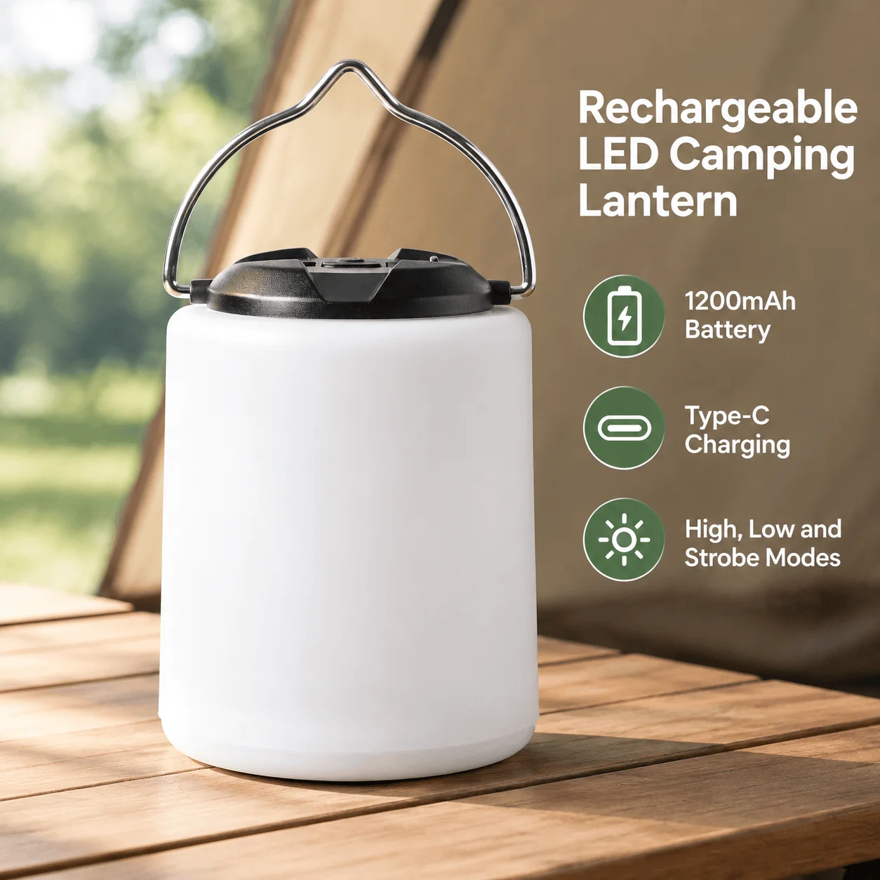 Rechargeable LED Camping Lantern, 1200mAh Battery, Type-C Charging, High, Low and Strobe Modes, Four-Level Battery Indicator, 5W, for Tent Lighting, Hiking and Home Emergency Illumination, ABS and PC, spherical option 92 x 98 x 98mm/134g
