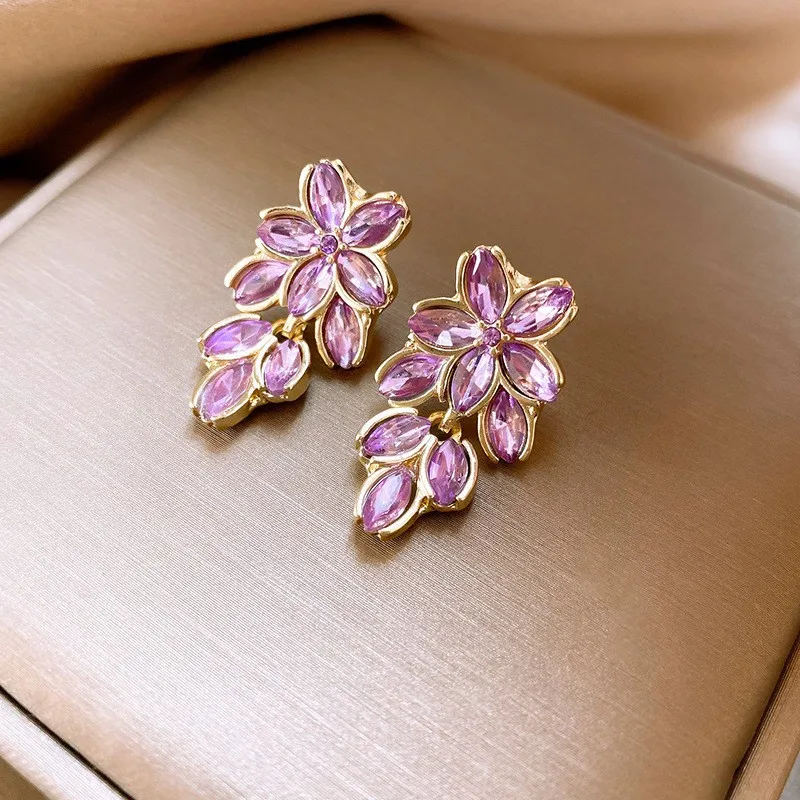 Pendientes coreanos de circonia cúbica púrpura con forma de flor para mujer, pendientes de temperamento de hoja de cristal de lujo, joyería de boda nupcial