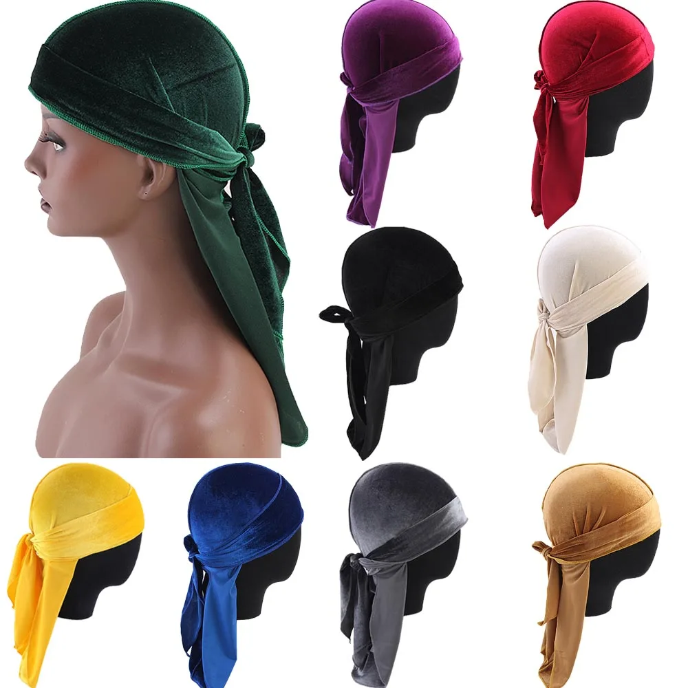 Unisex Men Women Velvet Breathable Bandana Hat Durag Do Doo Du Rag Long Tail Hijab Headwrap Chemo Cap Bonnet Cap Wrap Headwear