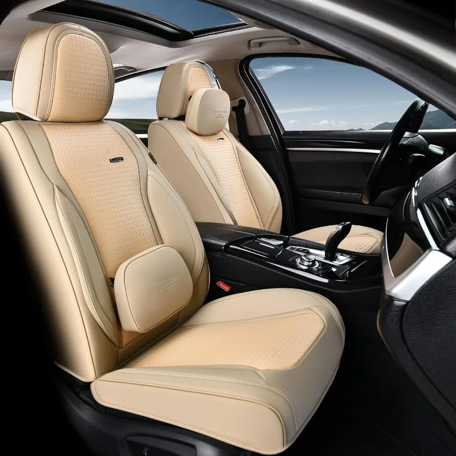 

Универсальные водонепроницаемые чехлы на передние сиденья из кожи наппа с поясничной опорой и подушкой для большинства автомобилей Бежевый чехол на автомобильное сиденье